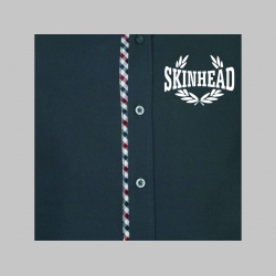 Skinhead pánska čierna hrubšia košela na gombíky s krátkym rukávom a old school károvanými modrobieločervenými lemami  s tlačeným logom 100%bavlna 